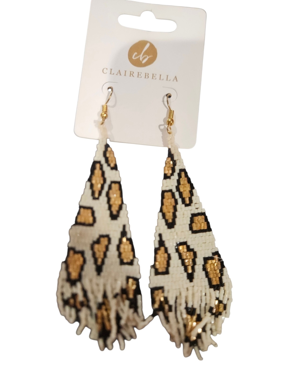 Clairebella Beaded Leopard Print Fringe Statement Earrings NWT